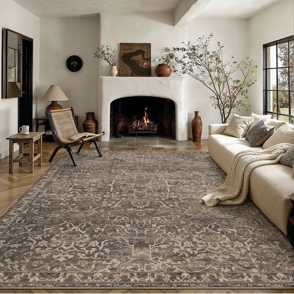 BERTHMEER 9'x12' Large Area Rugs for Living Room Rugs for Bedroom Home Office Brown Vintage Non Slip Washable Farmhouse Dining Room Oriental Traditional Distressed Rugs