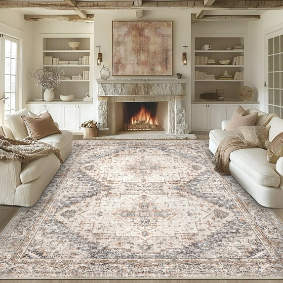 BERTHMEER 9'x12' Large Area Rugs Vintage Oriental Traditional Rugs for Living Room Bedroom Dining Room Farmhouse Machine Washable Non-slip, Blue Brown