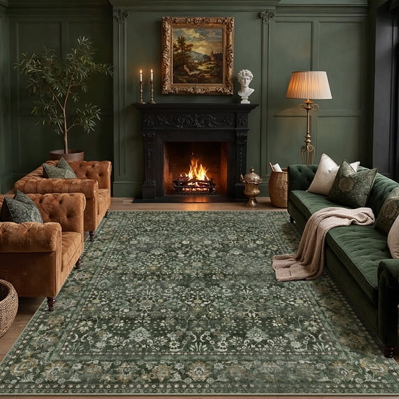 Berthmeer 9 ft x 12 ft Green vintage oriental traditional area rug for living room