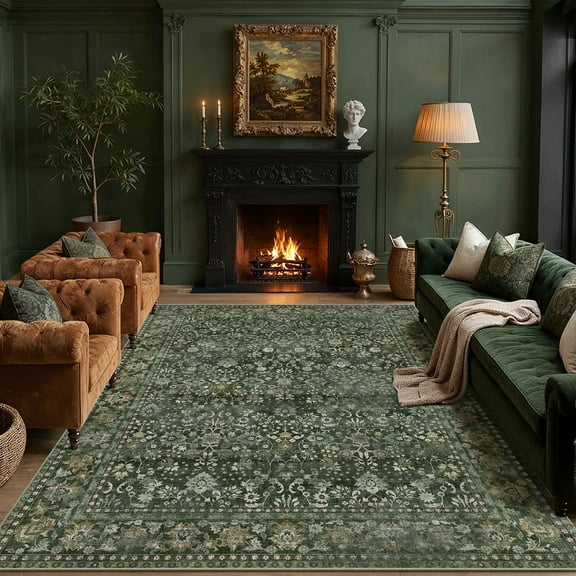BERTHMEER 9'x12' Large Area Rugs Vintage Oriental Traditional Rugs for Living Room Bedroom Dining Room Farmhouse Machine Washable Non-slip Deep Green Carpets