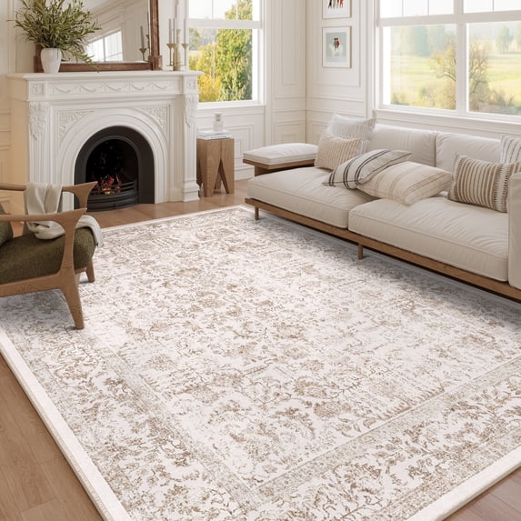 BERTHMEER 9'x12' Large Area Rugs Washable Vintage Rugs for Living Room Farmhouse Dining Room Office Throw Rugs Non-slip, Brown