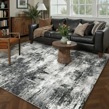 BERTHMEER 9'x12' Large Area Rugs for Living Room Bedroom Office Dining Room Black Neutral Modern Non Slip Washable Abstract Rugs