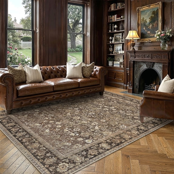 BERTHMEER 9'x12' Large Brown Area Rugs Vintage Oriental Traditional Rugs for Living Room Bedroom Dining Room Farmhouse Machine Washable Non-slip
