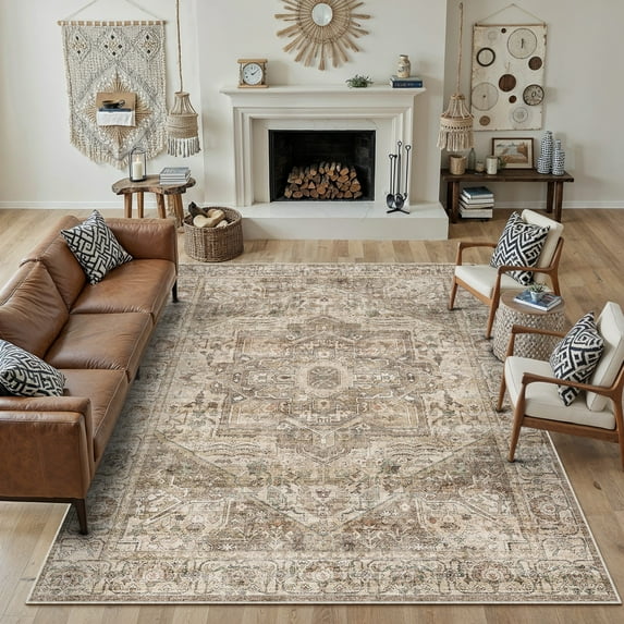 BERTHMEER 9'x12' Large Brown Area Rugs for Living Room Bedroom Vintage Distressed Rugs Washable Non-slip, Multicolor