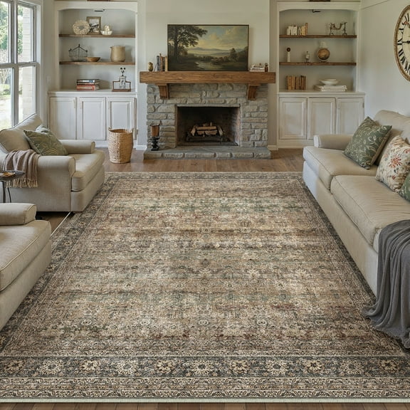 BERTHMEER 9’x12' Large Vintage Area Rugs Clearance for Living Room Bedroom Office Dining Room Farmhouse Brown Oriental Rugs Non Slip Traditional Distressed Rugs