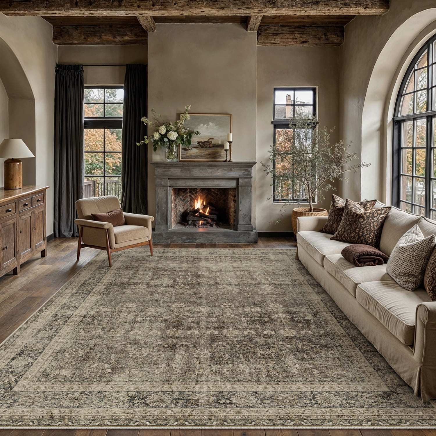 BERTHMEER 9’x12' Large Vintage Area Rugs Clearance for Living Room Bedroom Office Dining Room Farmhouse Golden Brown Oriental Rugs Non Slip Traditional Distressed Rugs