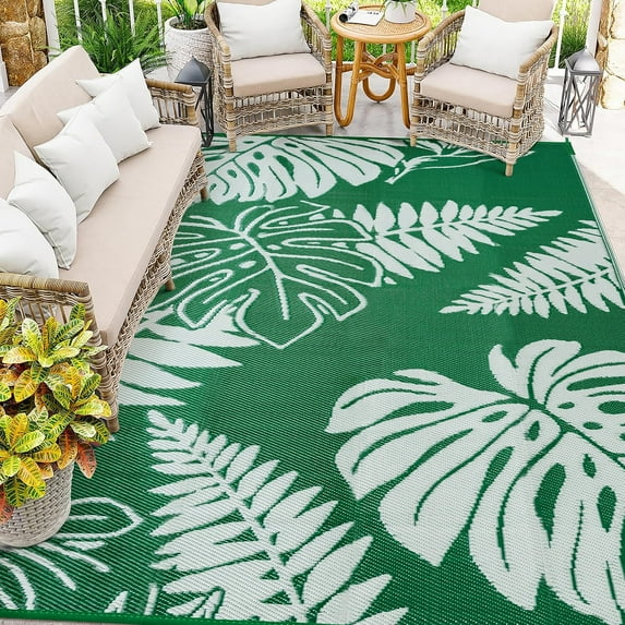 BERTHMEER 9'x12' Outdoor Rugs on Sale Clearance Waterproof Patio Rugs Plastic Straw Camping,Porch,Deck,RV Rugs for outside,Green White