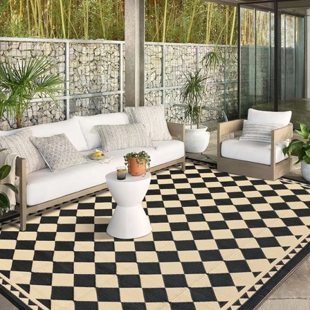 BERTHMEER  9'x12' Diamond Outdoor Rugs on Sale Clearance Waterproof Patio Rugs Plastic Straw Checkered Camping Rugs, Porch, Deck Rugs, RV Rugs for outdoor, Black Brown