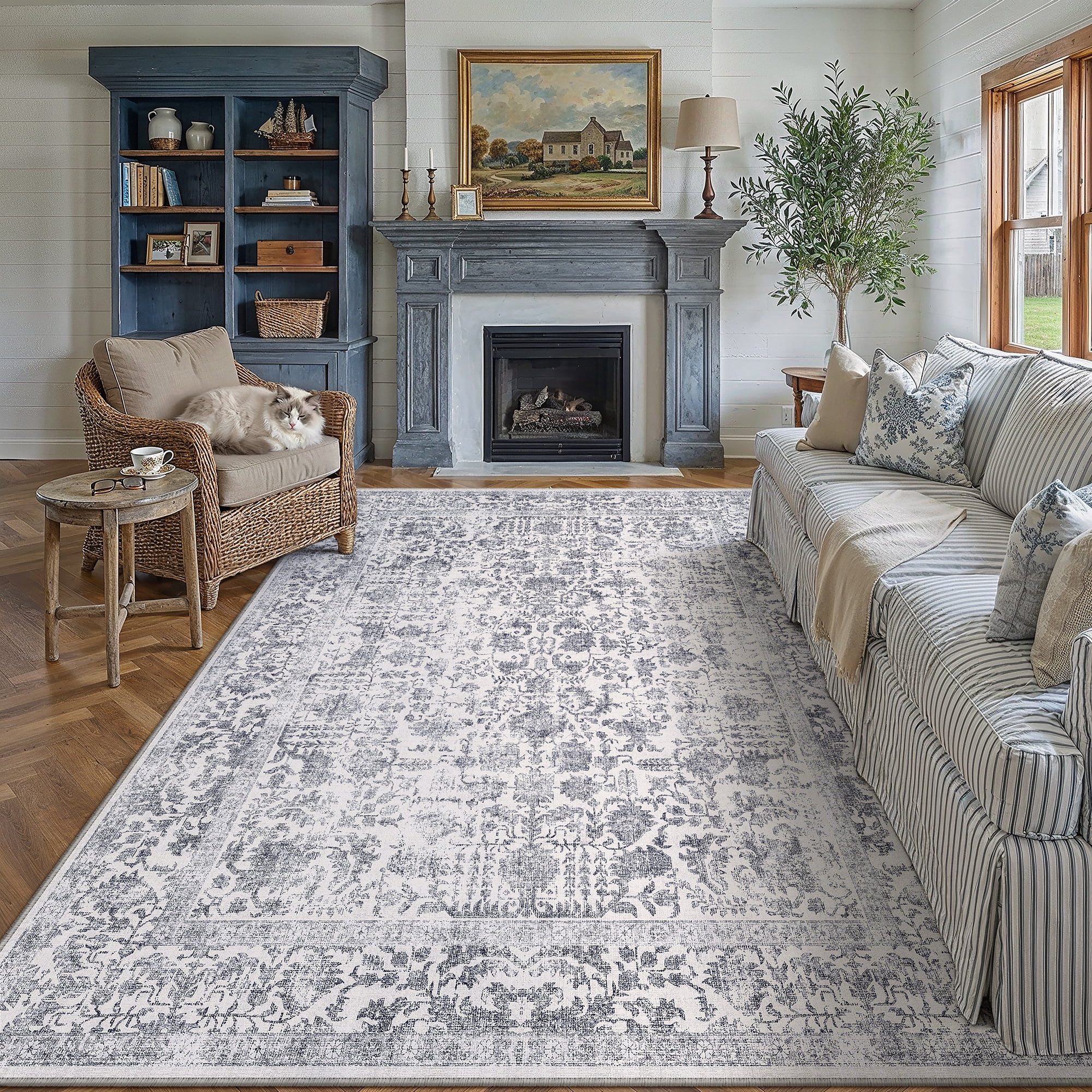 berthmeer 9'x12' vintage area rugs washable rugs for living room farmhouse dining room office throw rugs non-slip, navy blue