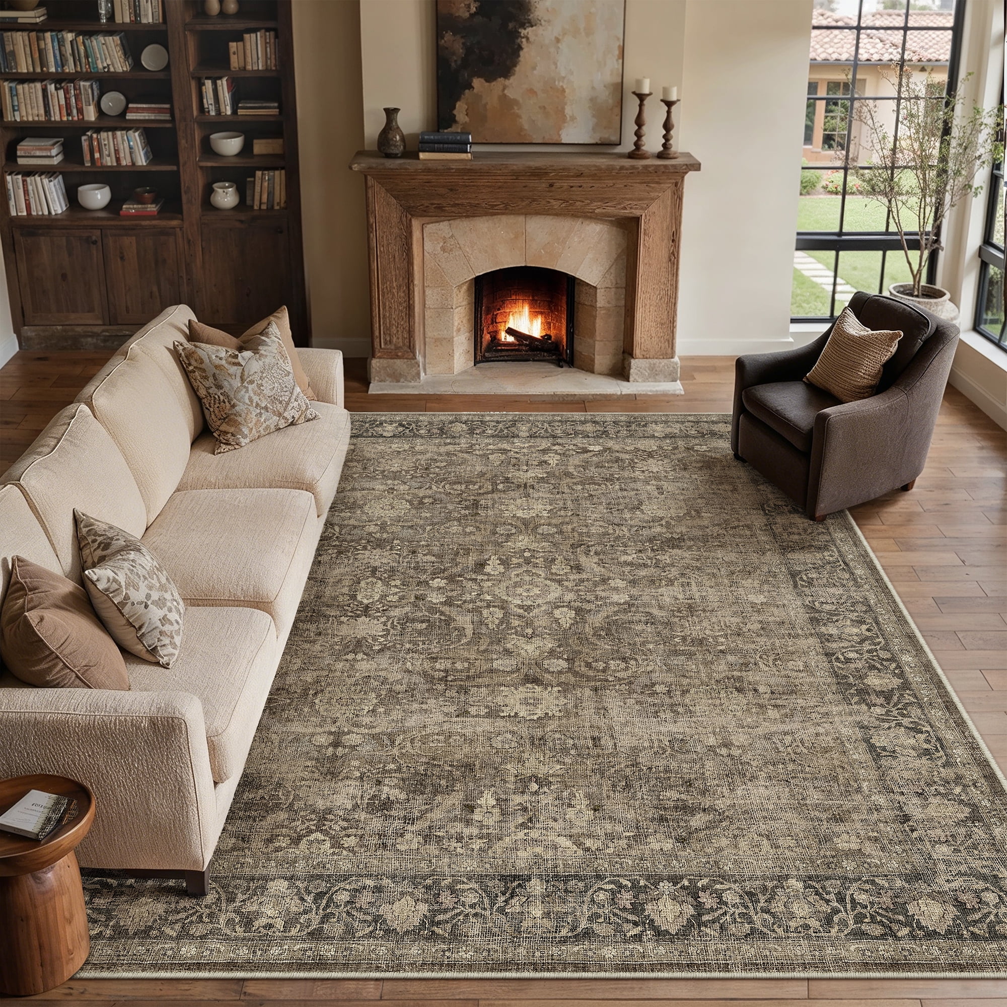 berthmeer 9'x12' washable area rugs for living room bedroom rugs distressed vintage oriental traditional print beige rug for dining room farmhouse non-silp stain resistant carpet, brown