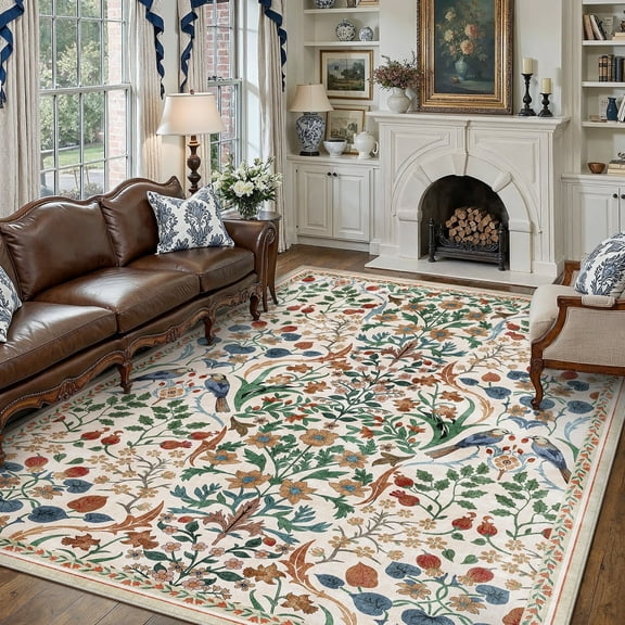 BERTHMEER 9'x12' Area Rugs for Living Room Rug for Bedroom Kitchen Non Slip Washable Beige Floral Vintage Farmhouse Office Rug Dining Room Oriental Traditional Flower Area Rugs, Multicolor