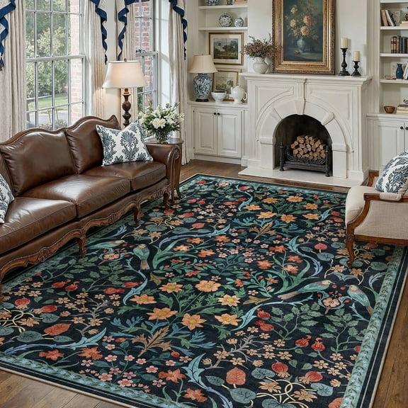 BERTHMEER 9'x12' Area Rugs for Living Room Rug for Bedroom Kitchen Non Slip Washable Blue Floral Vintage Farmhouse Office Rug Dining Room Oriental Traditional Flower Carpets, Multicolor