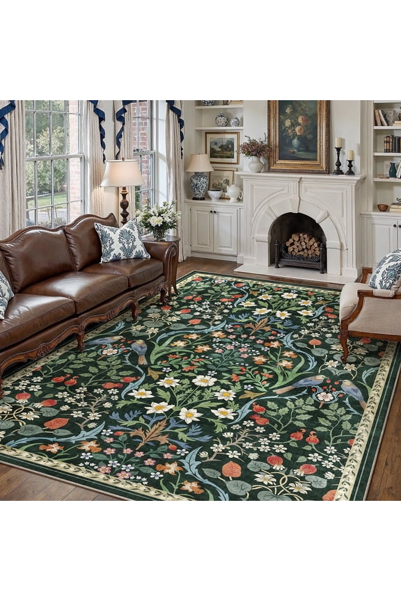 9'x12' Area Rugs for Living Room Rug for Bedroom Kitchen Non Slip Washable Green Floral Vintage Farmhouse Office Rug Dining Room Oriental Traditional Flower Carpets, Multicolor