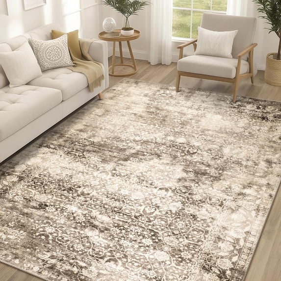 BERTHMEER Abstract Area Rug 3'x5' Soft Entryway Bedroom Rug,Modern Distressed Machine Washable Non-Slip Rug for Living Room,Brown and Beige