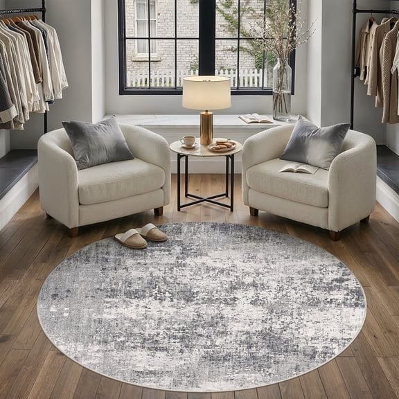 BERTHMEER Abstract Round Area Rugs 6'x6' Washable Rugs for Office Living Room Dining Room Non-slip, Gray