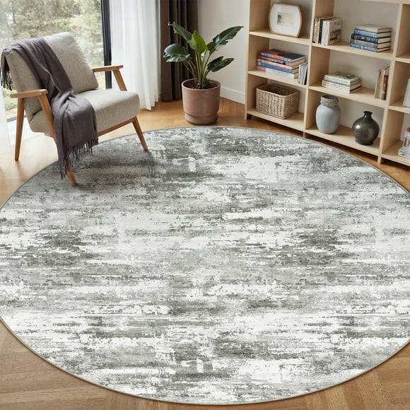BERTHMEER Abstract Round Area Rugs 8'x8' Washable Rugs for Office Living Room Dining Room Non-slip, Gray