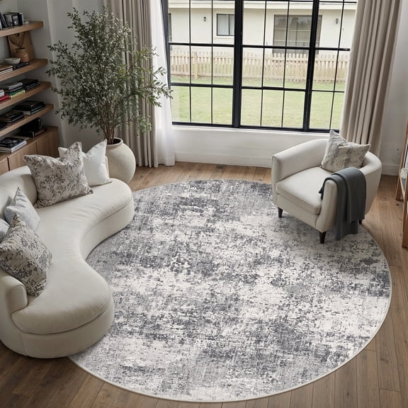 BERTHMEER Abstract Round Area Rugs 8'x8' Washable Rugs for Office Living Room Dining Room Non-slip, Gray