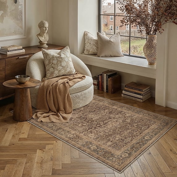 BERTHMEER Area Rugs 3'x5' for Bathroom Kitchen Bedroom Entryway Entrance Rugs Non Slip Washable Vintage Brown Carpets Oriental Dorm Office Traditional Distressed Carpets