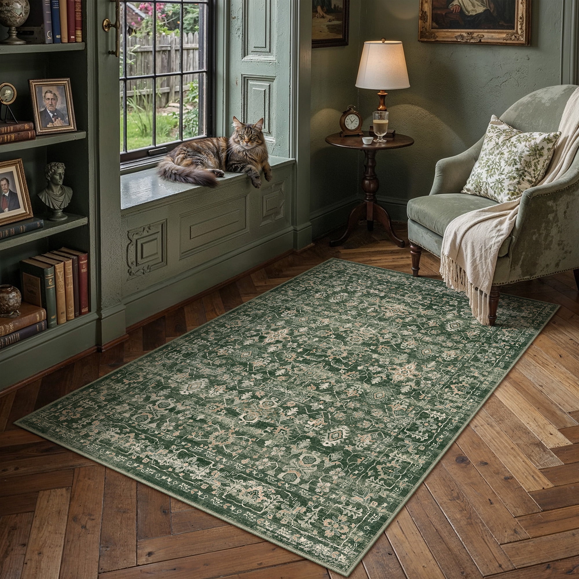BERTHMEER Area Rugs 4'x6' for Bedroom Bathroom Entryway Kitchen Laundry Rugs Non Slip Washable Vintage Green Carpets Oriental Dorm Office Entrance Traditional Distressed Throw Rugs
