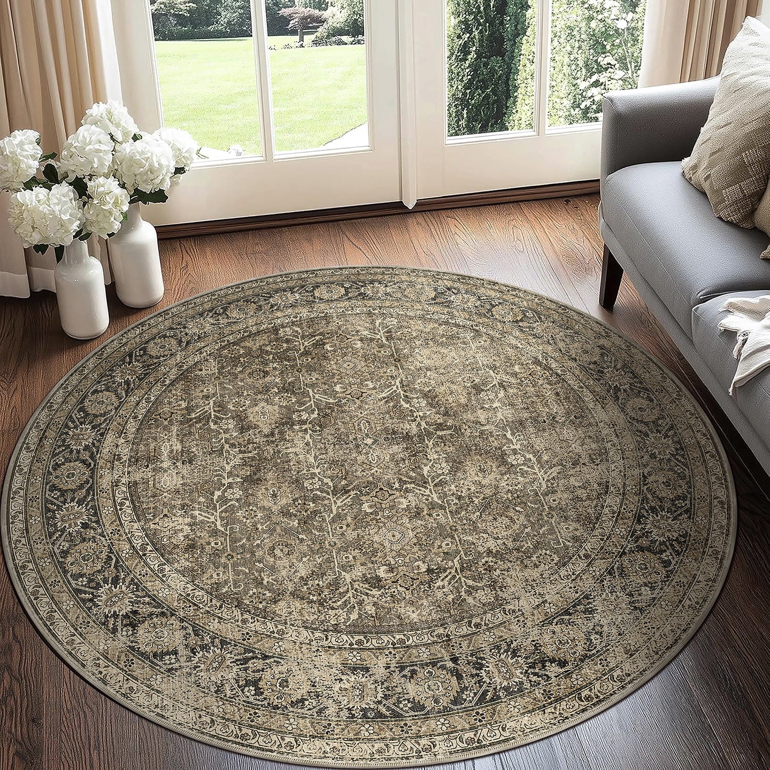 BERTHMEER Brown Round Area Rugs 6'x6' Washable Rugs for Living Room ...