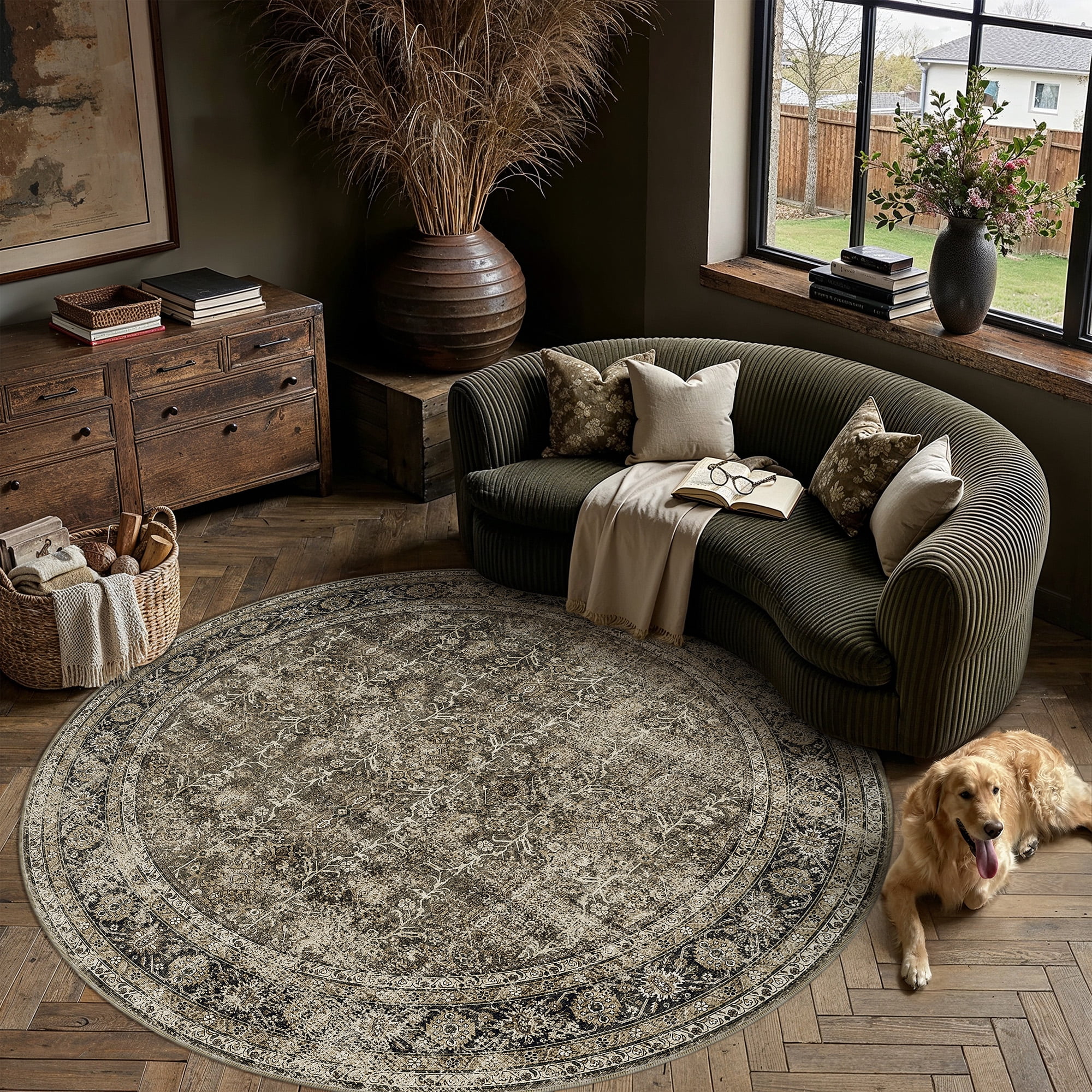berthmeer brown round area rugs 6'x6' washable rugs for living room bedroom office dining room non-slip oriental traditional distressed rugs