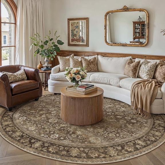 BERTHMEER Brown Round Area Rugs 8'x8' Washable Rugs for Living Room Bedroom Office Dining Room Non-slip Vintage Floral Oriental Traditional Rugs
