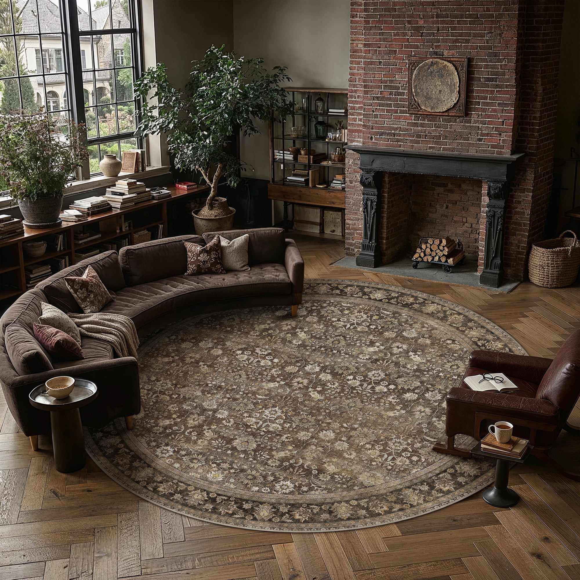 berthmeer brown round area rugs 8'x8' washable rugs for living room bedroom office dining room non-slip vintage floral oriental traditional rugs