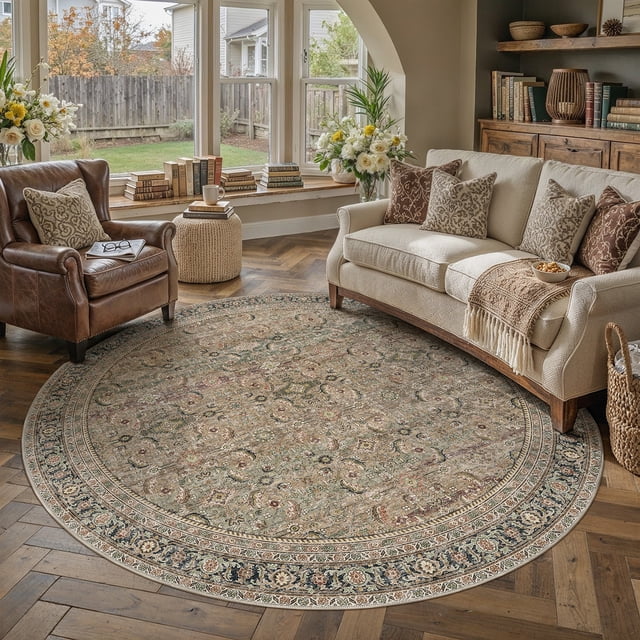 BERTHMEER Brown Round Area Rugs 8'x8' Washable Rugs for Living Room Bedroom Office Dining Room Non-slip Vintage Traditional Rugs
