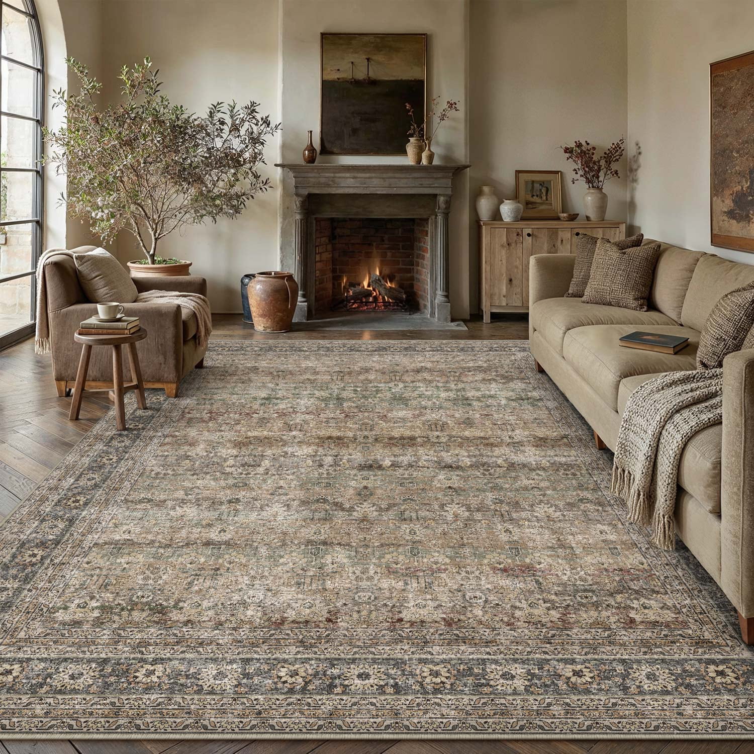 berthmeer 10'x12' brown vintage large area rugs clearance for living room bedroom office dining room farmhouse oriental rugs non slip traditional distressed rugs