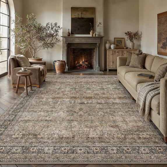 BERTHMEER 10'x12' Brown Vintage Large Area Rugs Clearance for Living Room Bedroom Office Dining Room Farmhouse Oriental Rugs Non Slip Traditional Distressed Rugs
