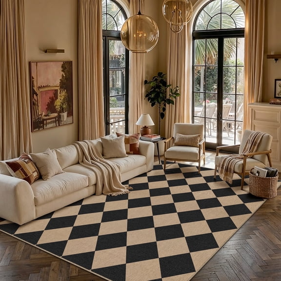 BERTHMEER Checkered 5'x7' Easy Jute Living Room Rugs, Dining Room Office Neutral Rug Farmhouse Outdoor Patio Carpet, Checkerboard Washable Non Slip Geometric Carpet for Backyard Entry Deck