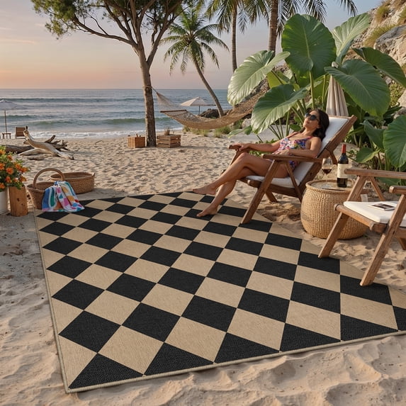 BERTHMEER Checkered 6'x9' Easy Jute Rugs, Washable Area Rug Neutral Outdoor Patio Rug, Farmhouse Checkerboard Non Slip Floor Geometric Carpet for Dining Living Room Deck Sunroom
