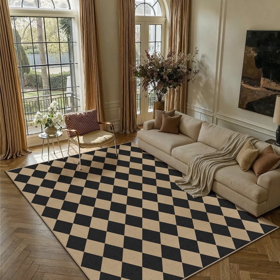 BERTHMEER Checkered 8'x10' Easy Jute Area Rug, Large Living Room Patio Rug Checkerboard Indoor Outdoor Carpet, Farmhouse Geometric Non Slip Black Carpet for Backyard Dining Room