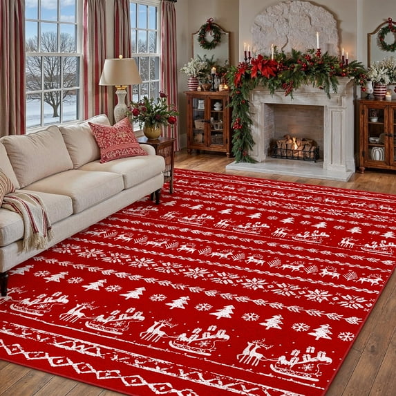 BERTHMEER Christmas Area Rug 5'X7' Christmas Rugs for Living Room Bedroom Dining Room Kitchen Snowflake Print Machine Washable Non-slip Rug,Red