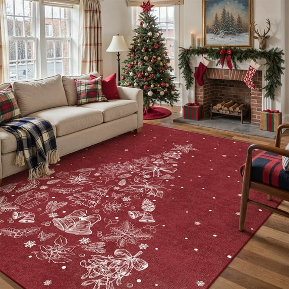 BERTHMEER Christmas Area Rug 5'X7' Living Room Christmas Rugs for Bedroom Holiday Decor for Dining Room Farmhouse Kitchen Christmas Tree Gifts Print Machine Washable Non-slip Rug,Red