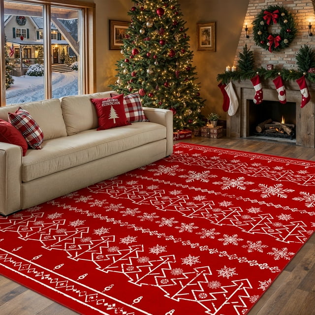 BERTHMEER Christmas Area Rug 5'X7' Red Rug Xmas Snowflake Kitchen Rug for Living Room Bedroom Dining Room Kitchen Laundry Low Pile Washable Non-slip Rug,Red