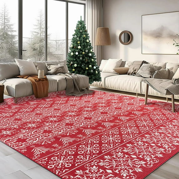 BERTHMEER Christmas Area Rugs for Living Room,Non-Slip Entrance Hall Rugs,Kitchen Washable Rugs,Baroque Decorative Carpet,Red&White 8x10 ft