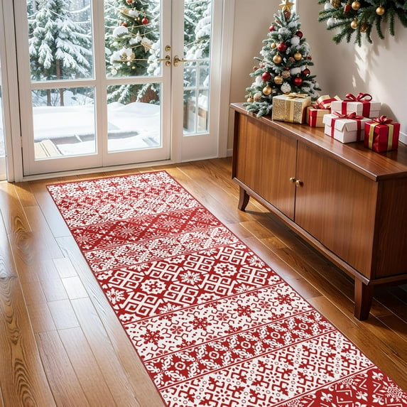 BERTHMEER Christmas Runner Rug 2'X6' Red and White for Kitchen Indoor Hallway Porch Entrance Entryway Front Door Washable Non-slip Rug