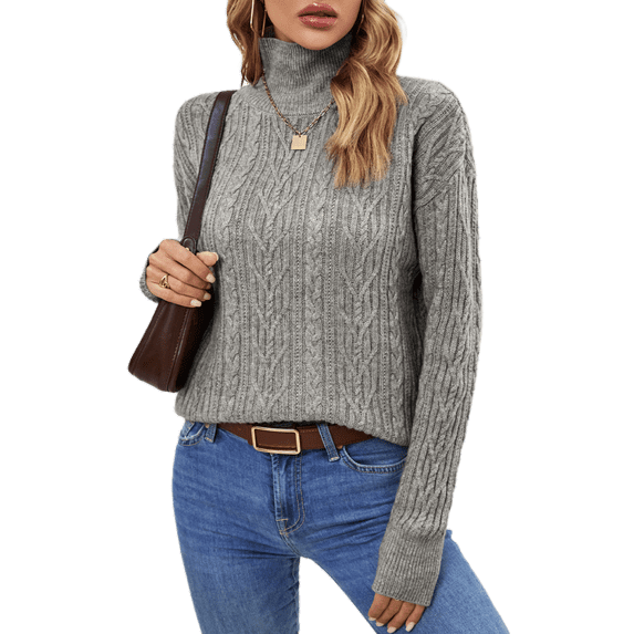 BERTHMEER Gray Oversized Sweaters Turtle Necks Sweaters for Womens Long Sleeve Cable Knit Sweaters Pullover Sweaters Tops Vintage Wool Sweaters