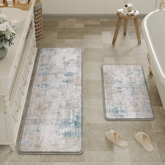 BERTHMEER Kitchen Rugs for Floor 2 Piece, 17.3"x30"+17.3"x47" Anti Fatigue Waterproof Beige and Blue Kitchen Mats, Non Slip Comfort Standing Mat Rug for Home, Sink, Laundry, Beige and Blue