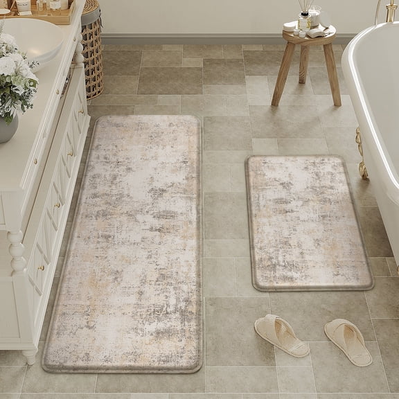 BERTHMEER Kitchen Rugs for Floor 2 Piece, 17.3"x30"+17.3"x47" Anti Fatigue Waterproof Beige and Gray Kitchen Mats, Non Slip Comfort Standing Mat Rug for Home, Sink, Laundry, Beige and Gray
