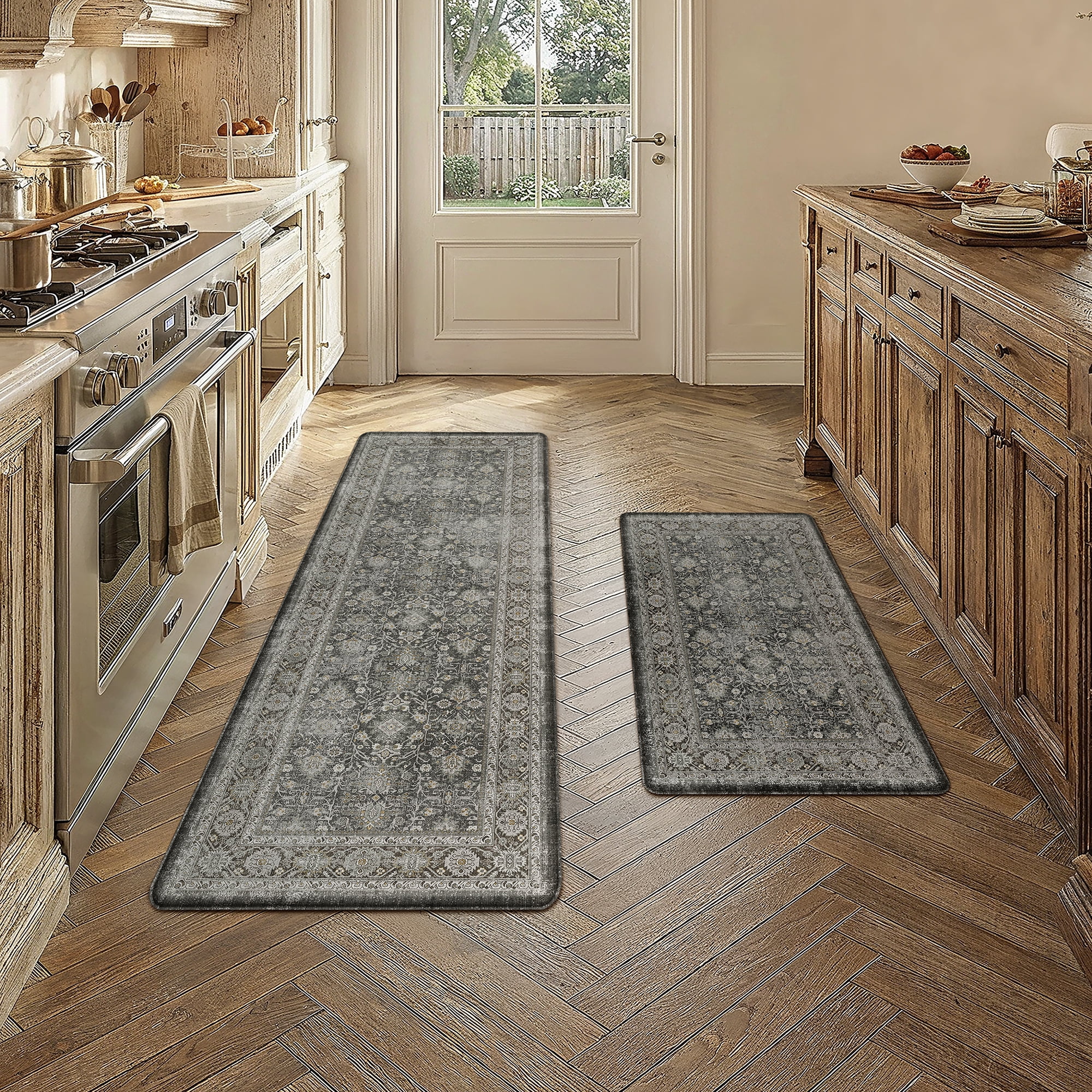 berthmeer kitchen rugs for floor 2 piece, 17.3"x30"+17.3"x47" anti fatigue waterproof black kitchen mats, non slip comfort cushioned standing mat rug for home, sink, laundry, black