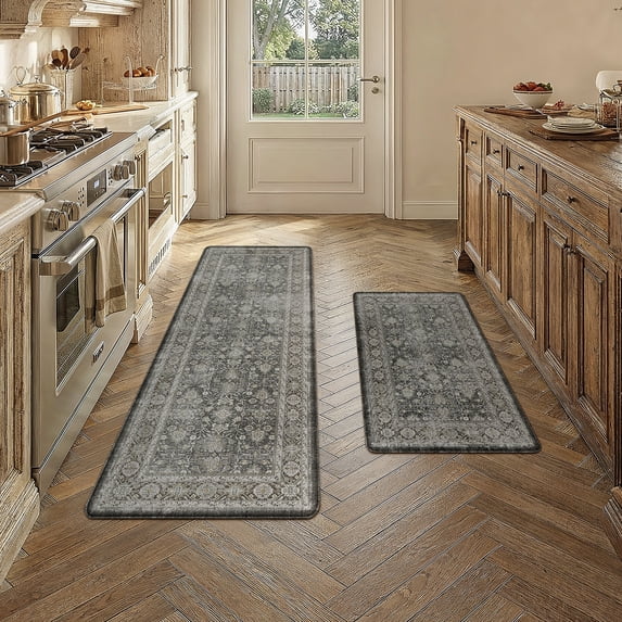 BERTHMEER Kitchen Rugs for Floor 2 Piece, 17.3"x30"+17.3"x47" Anti Fatigue Waterproof Black Kitchen Mats, Non Slip Comfort Cushioned Standing Mat Rug for Home, Sink, Laundry, Black