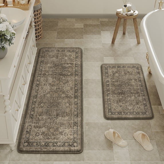 BERTHMEER Kitchen Rugs for Floor 2 Piece, 17.3"x30"+17.3"x47" Anti Fatigue Waterproof Brown Kitchen Mats, Non Slip Comfort Standing Mat Rug for Home, Sink, Laundry, Brown