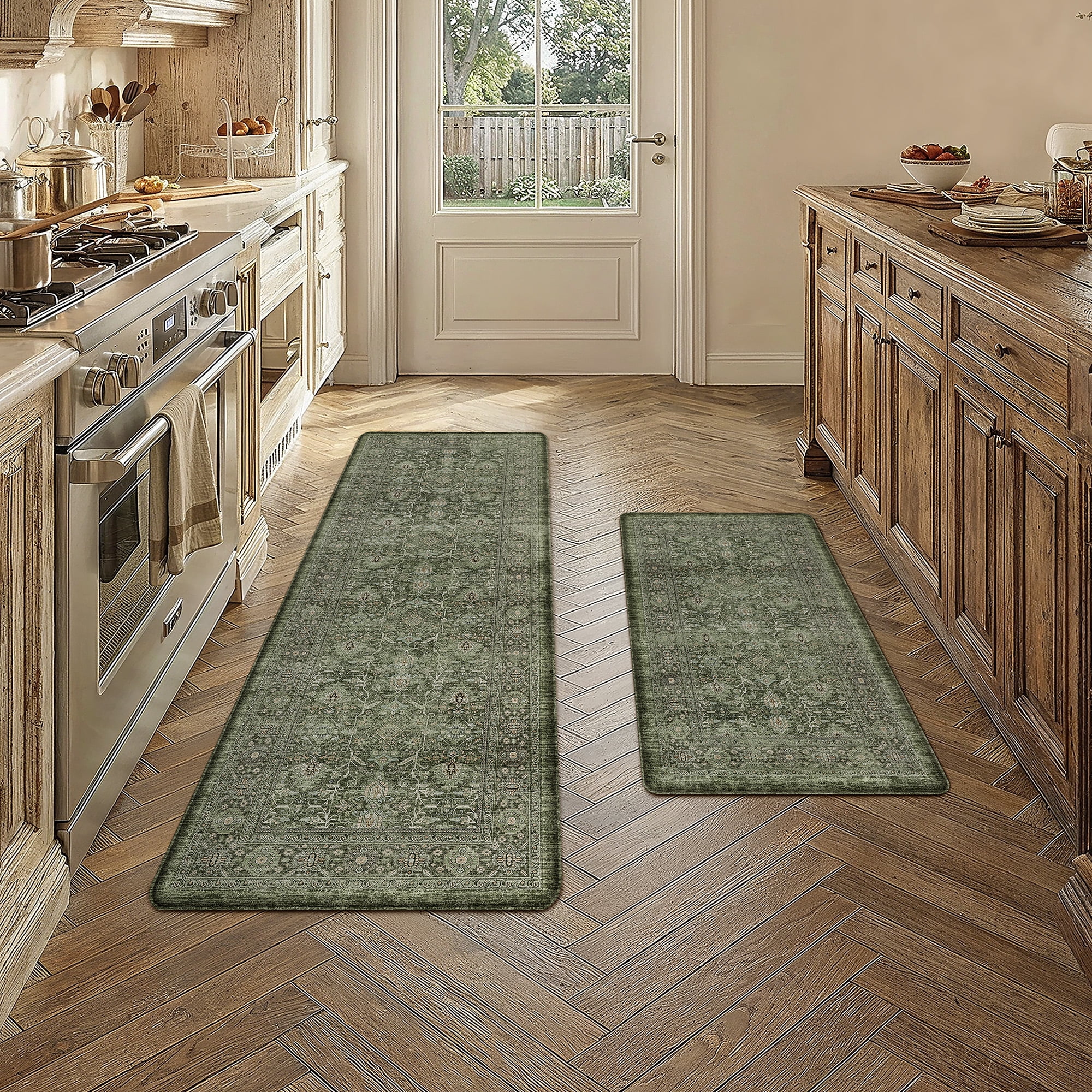 berthmeer kitchen rugs for floor 2 piece, 17.3"x30"+17.3"x47" anti fatigue waterproof green kitchen mats, non slip comfort cushioned standing mat rug for home, sink, laundry, green