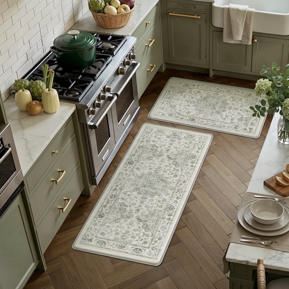 BERTHMEER Kitchen Rugs for Floor 2 Piece, 17.3"x30"+17.3"x47" Anti Fatigue Waterproof Green Kitchen Mats, Non Slip Comfort Standing Mat Rug for Home, Sink, Laundry, Green