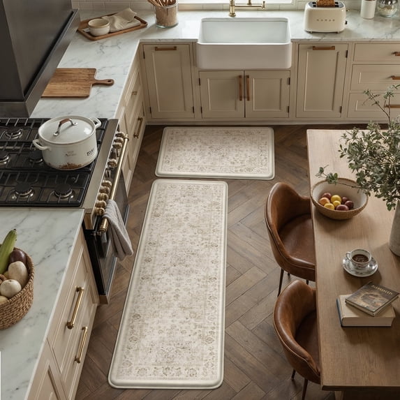 BERTHMEER Kitchen Rugs for Floor 2 Piece, 17.3"x30"+17.3"x59" Anti Fatigue Waterproof Beige Kitchen Mats, Non Slip Comfort Standing Mat Rug for Home, Sink, Laundry, Beige