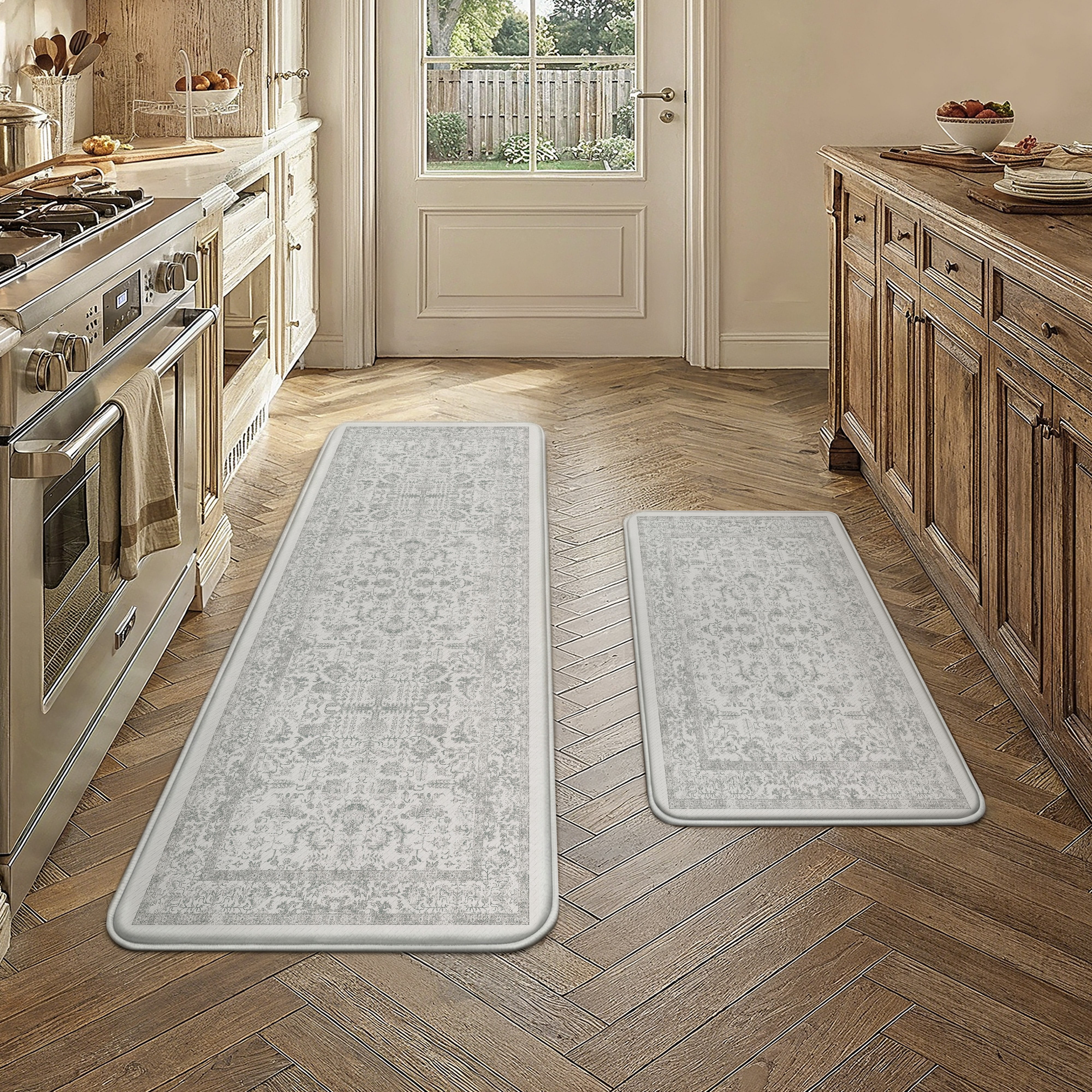 BERTHMEER Kitchen Rugs for Floor 2 Piece, 17.3"x30"+17.3"x47" Anti Fatigue Waterproof Gray Kitchen Mats, Non Slip Comfort Standing Mat Rug for Home, Sink, Laundry, Gray