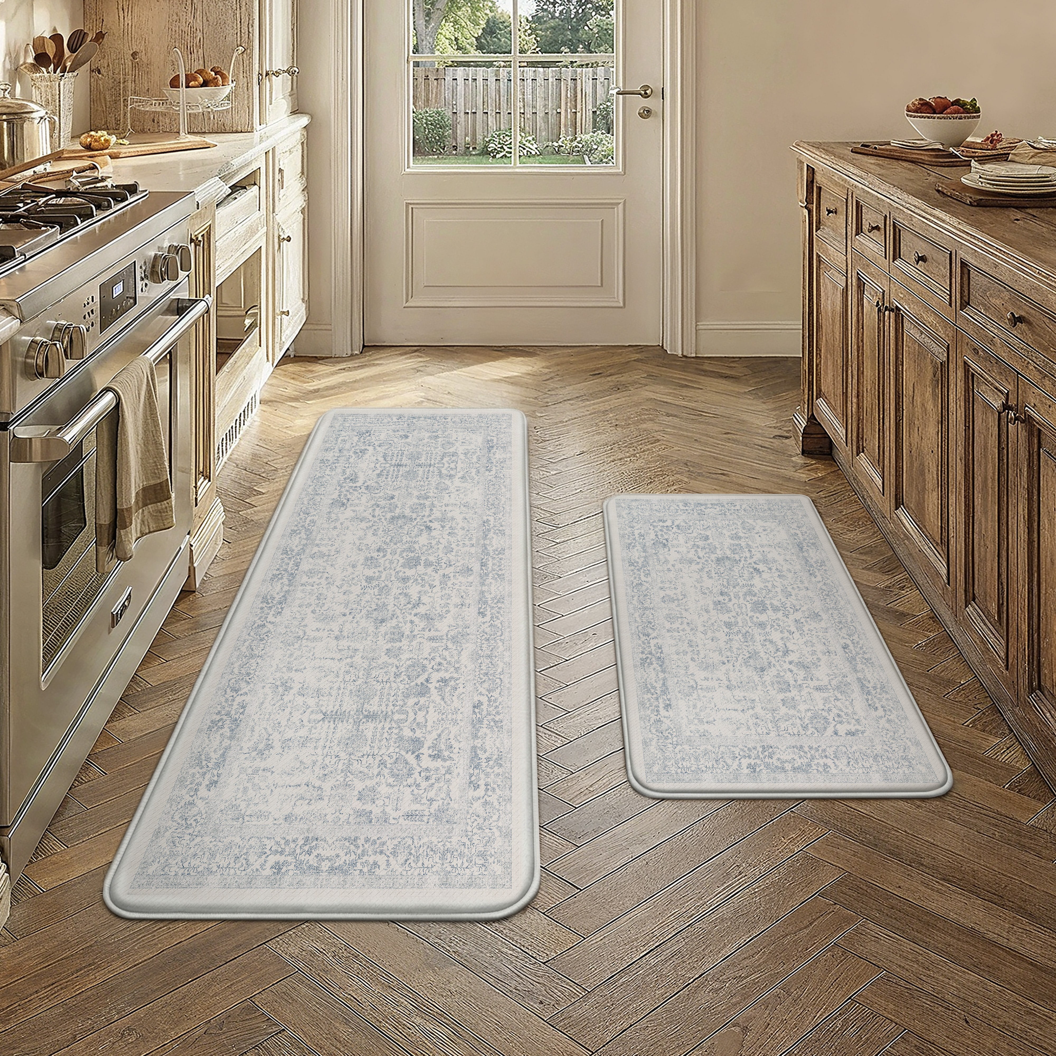 BERTHMEER Kitchen Rugs for Floor 2 Piece, 17.3"x30"+17.3"x47" Anti Fatigue Waterproof Blue Kitchen Mats, Non Slip Comfort Standing Mat Rug for Home, Sink, Laundry, Blue