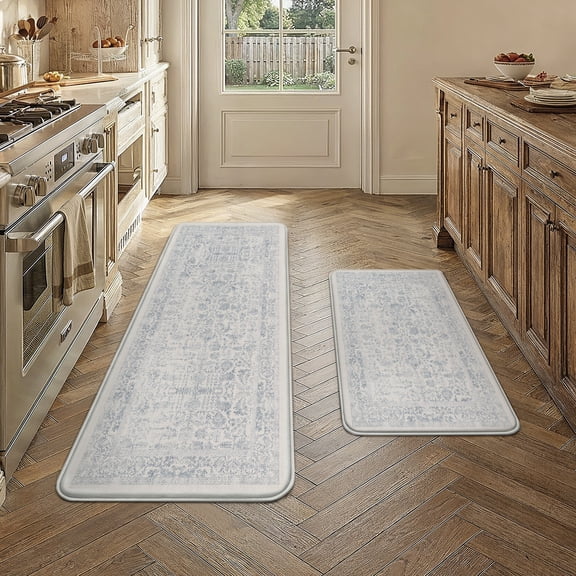 BERTHMEER Kitchen Rugs for Floor 2 Piece, 17.3"x30"+17.3"x47" Anti Fatigue Waterproof Blue Kitchen Mats, Non Slip Comfort Standing Mat Rug for Home, Sink, Laundry, Blue